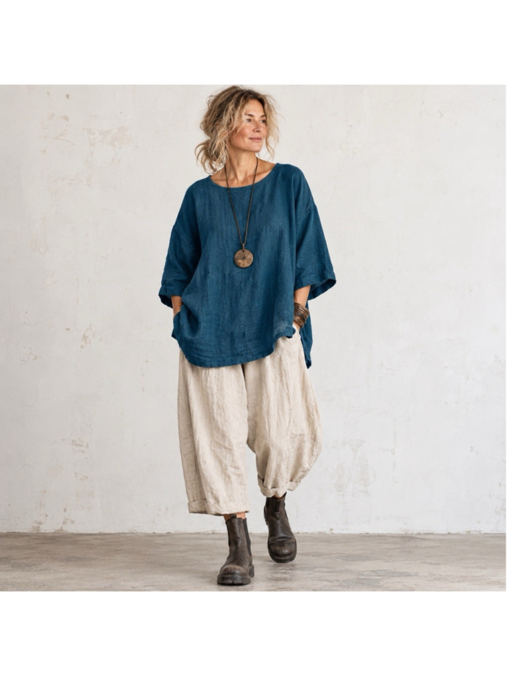 Bryn Walker 100% Linen Peacock Blue Lagenlook Oversized Boxy Blouse Top L